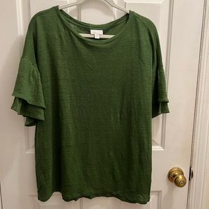 J Jill 100% Linen Flutter Sleeve Top, Forest Green, sz L